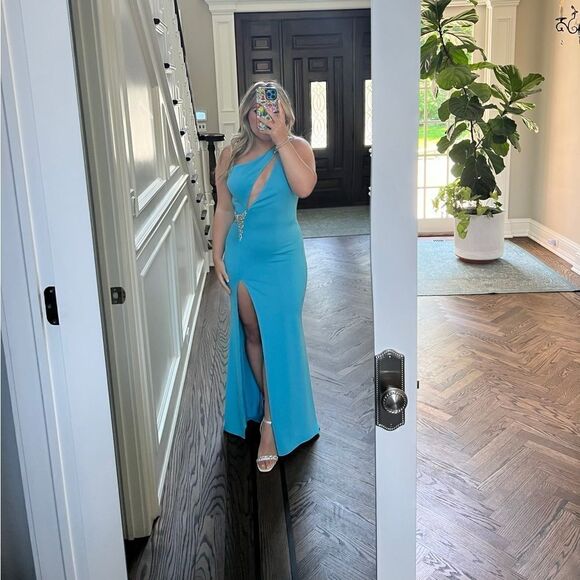 JOVANI 07173 One Shoulder High Slit Keyhole Prom Dress TURQUOISE - Picture 14 of 14